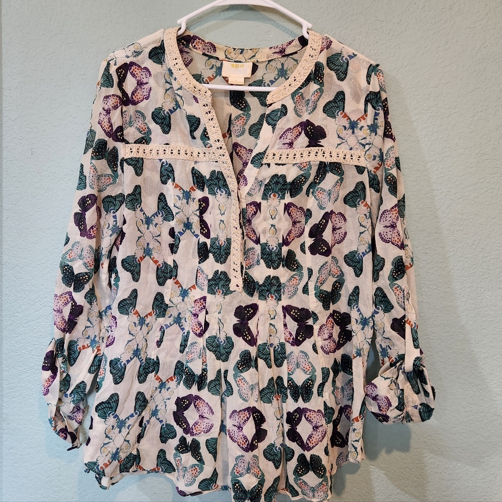 Maeve White Blouse with Teal and Purple Floral Print